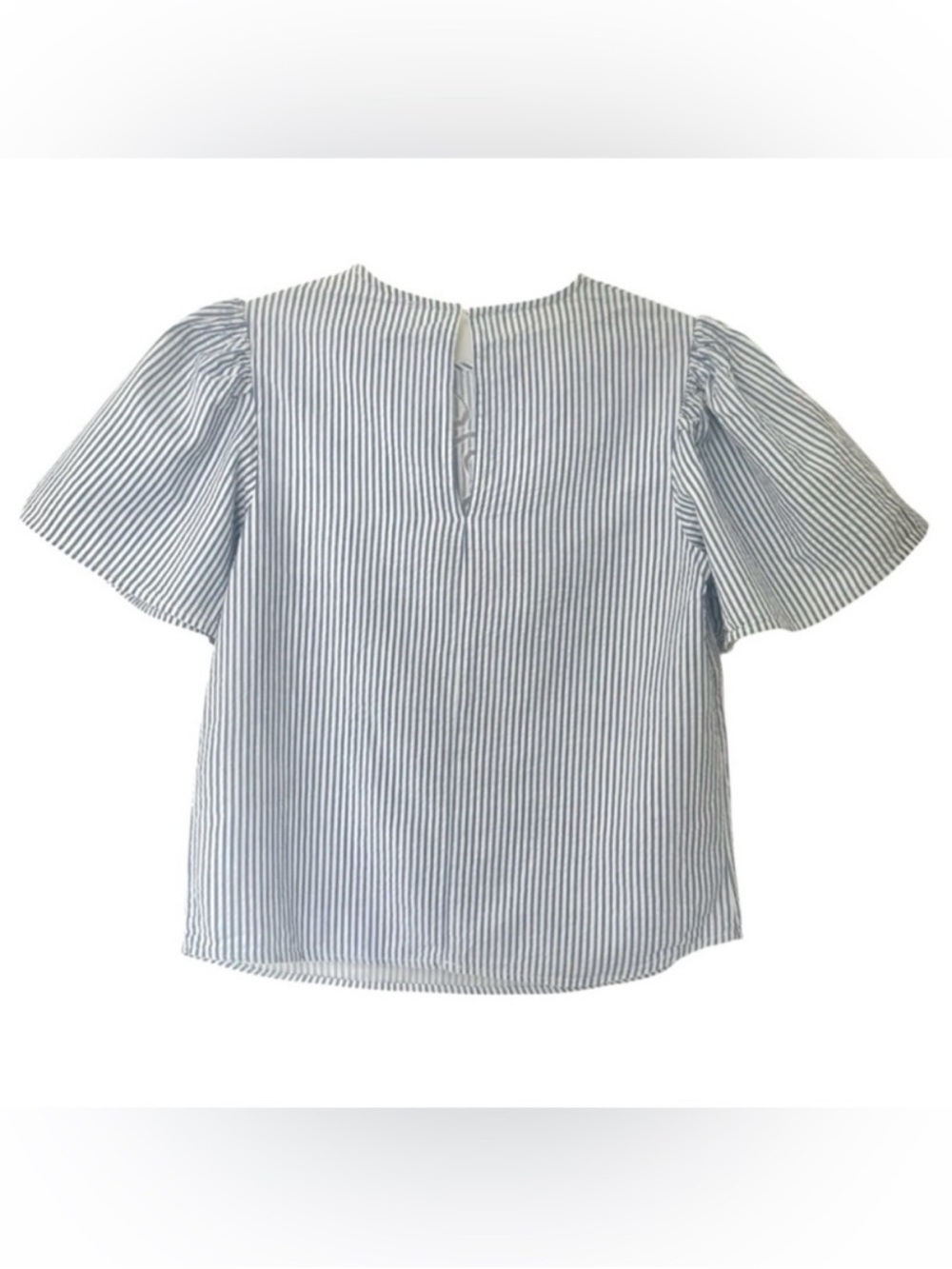 ZARA Striped Blue Blouse With Lace Floral Cutout Detail And Puff Sleeves - Picture 5 of 7